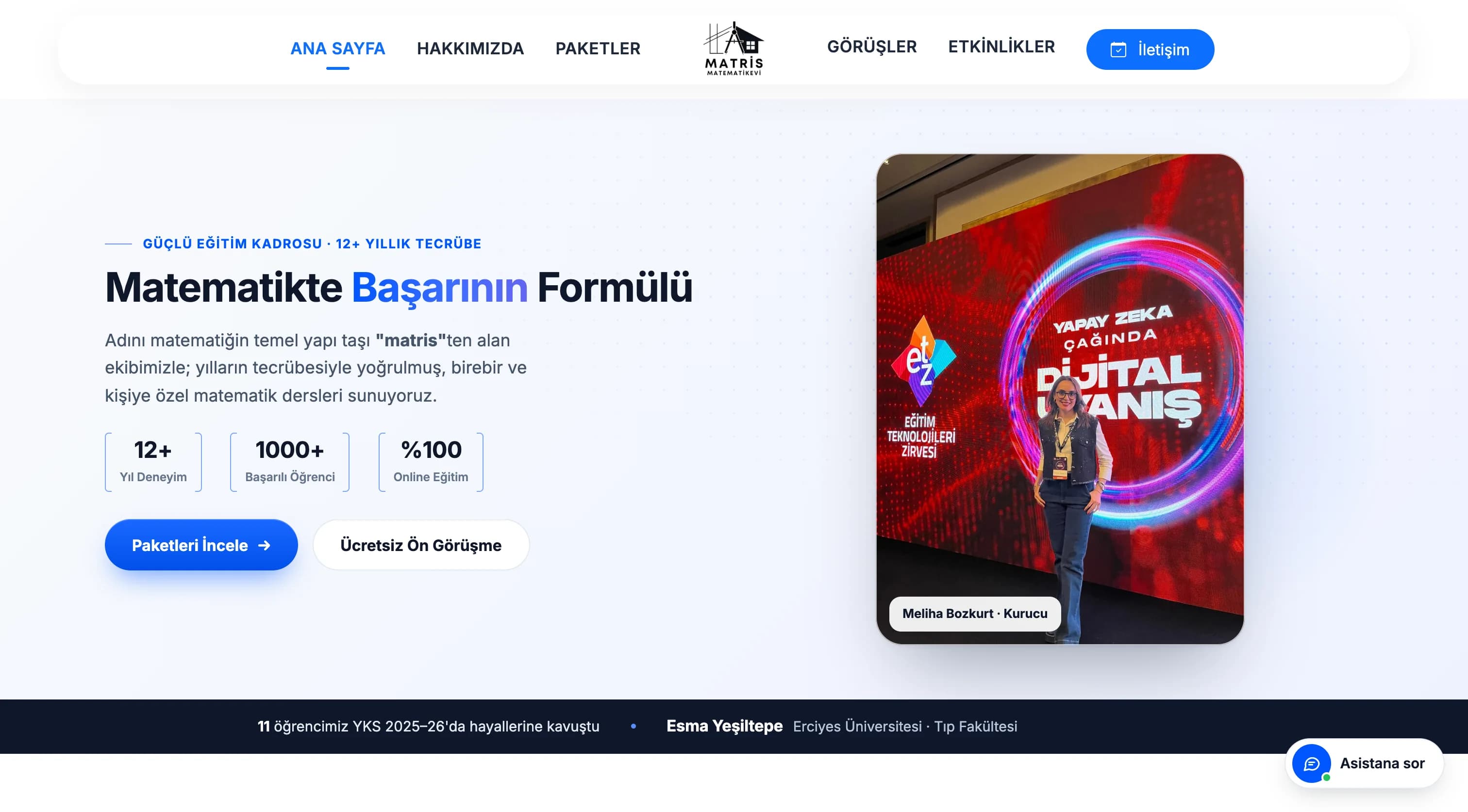 Homepage — the "Formula for Success in Mathematics" hero, experience and student stats, and the university-admission ticker.