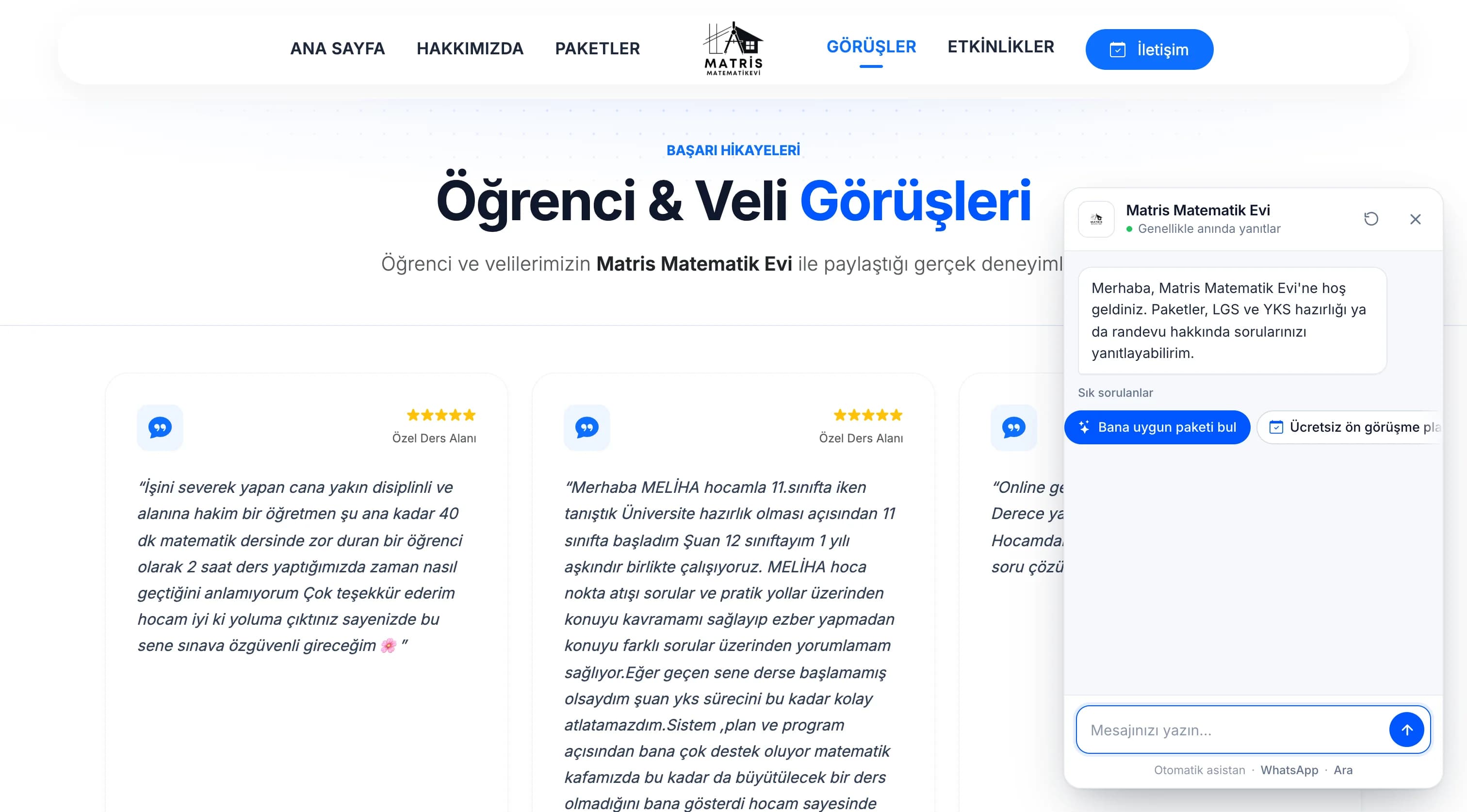 Student & Parent Reviews page — alongside the live AI assistant offering package suggestions and intro-call shortcuts.