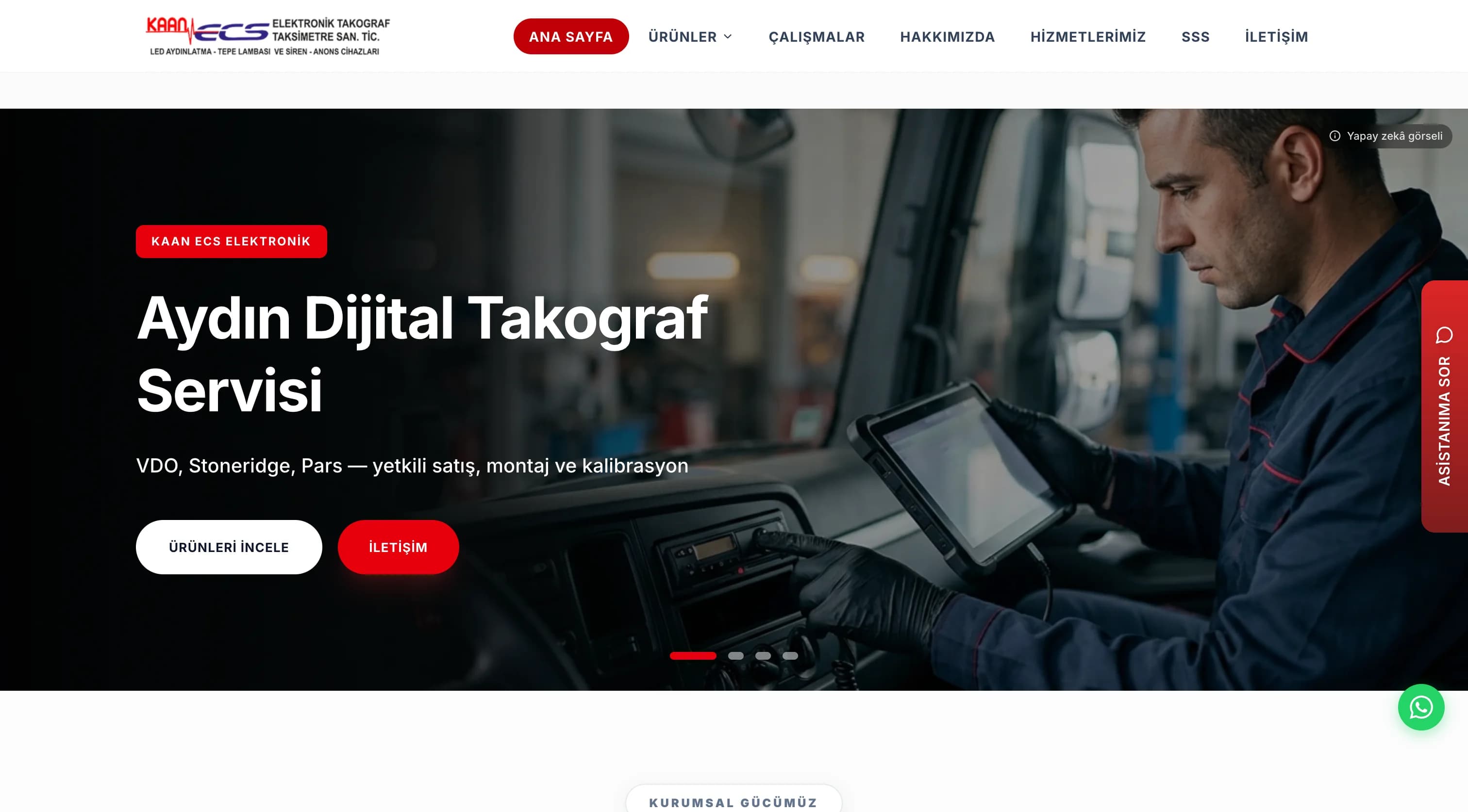 Homepage — the "Aydın Digital Tachograph Service" hero with the always-available AI assistant at the side.