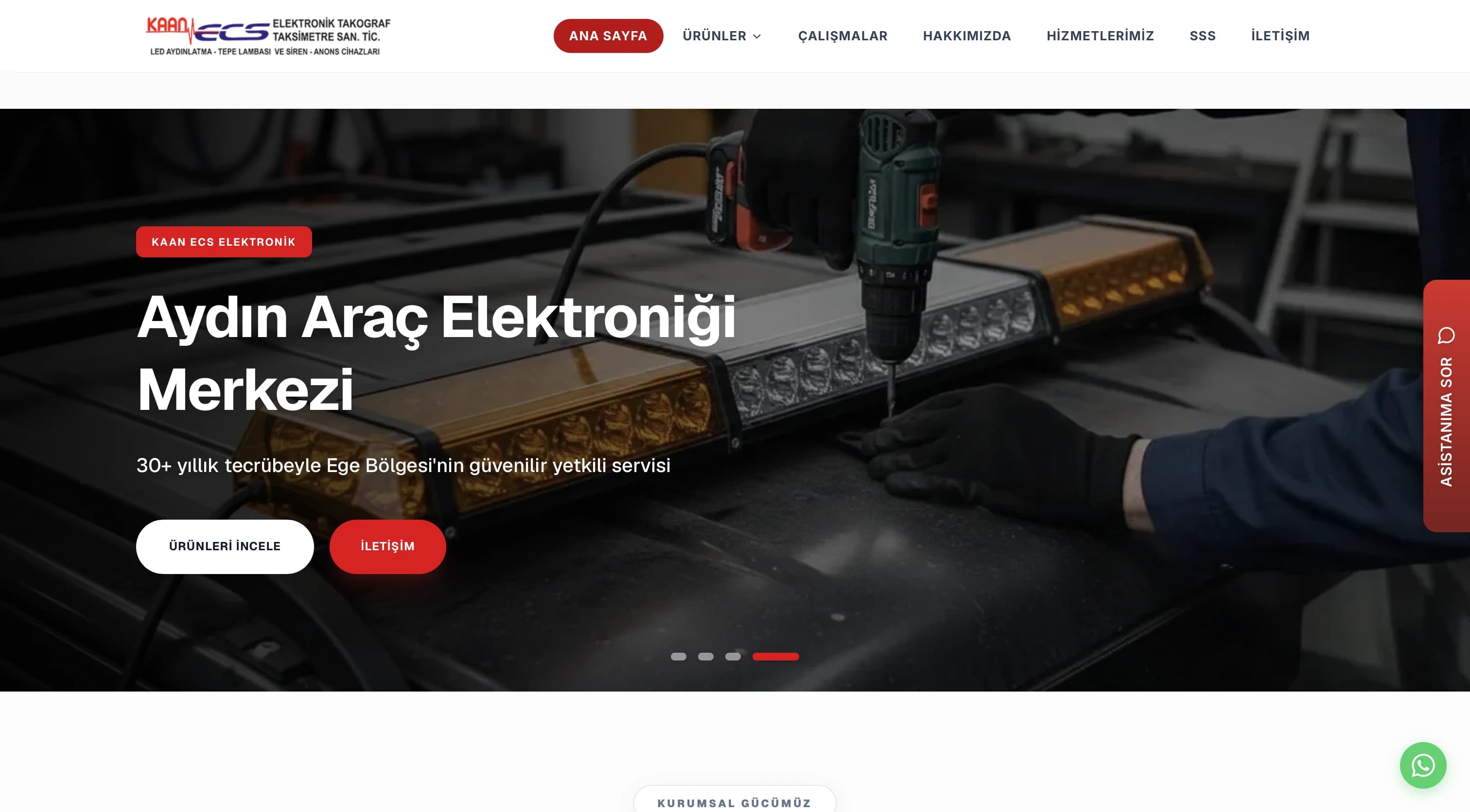 Ana sayfa — "Aydın Araç Elektroniği Merkezi" hero alanı ve canlı yapay zeka asistan widget'ı.