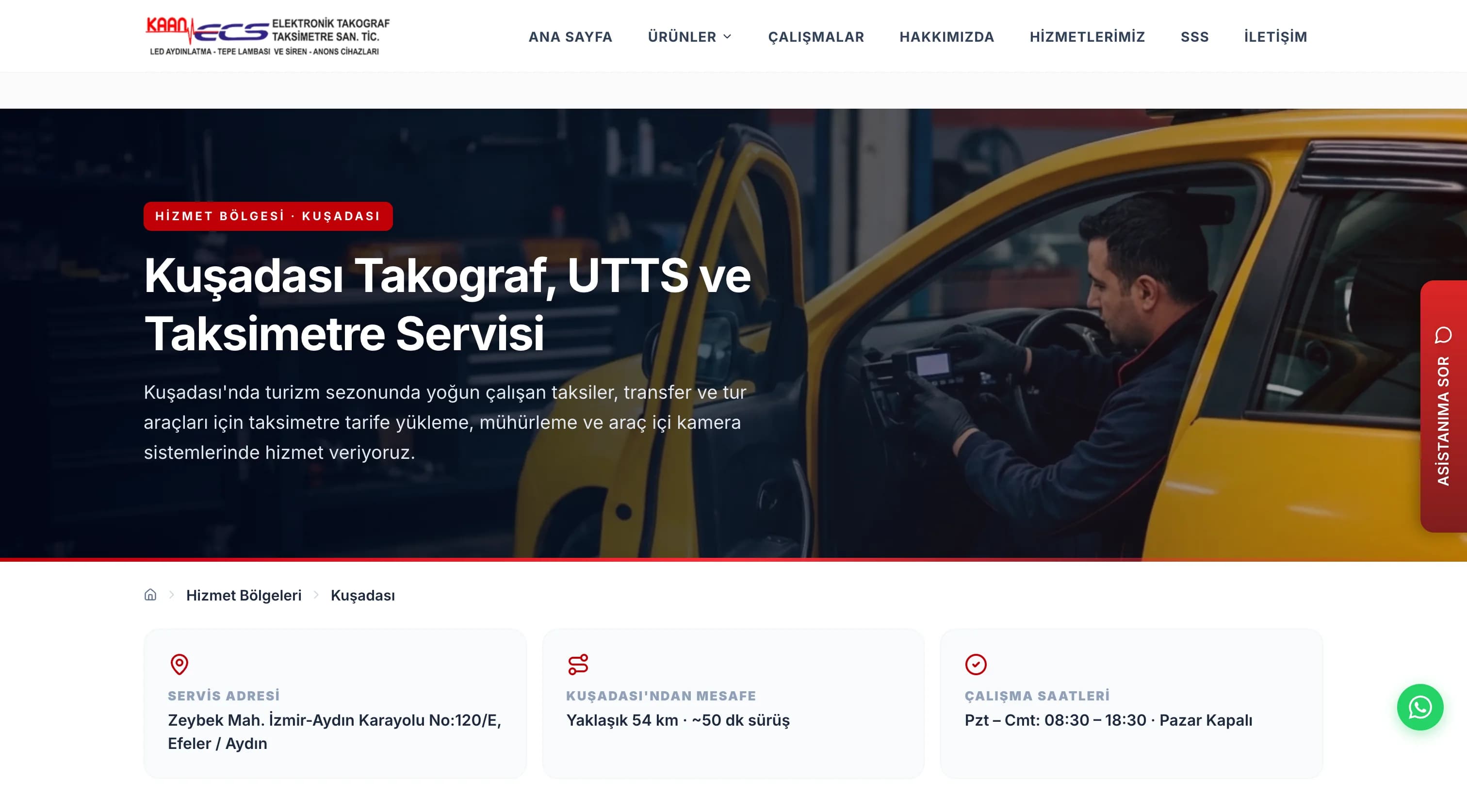Service area page (Kuşadası) — built for local search, with address, distance, and opening hours.