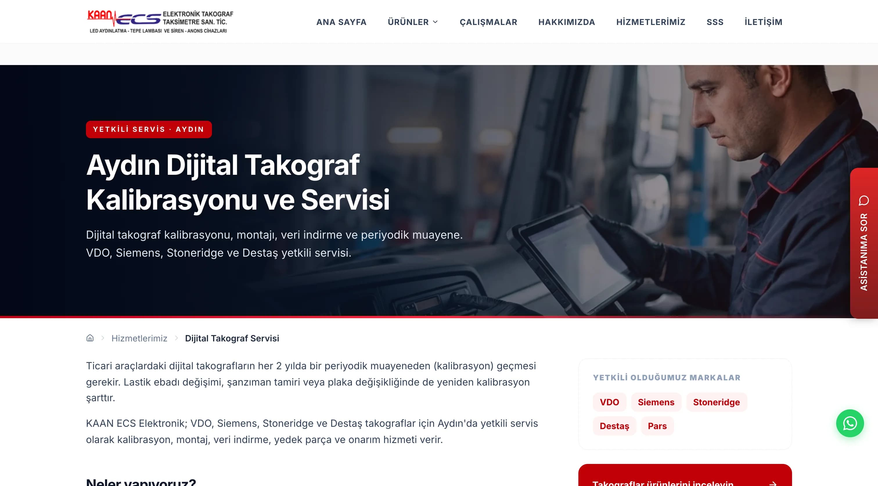 Service detail page — digital tachograph calibration: the process, authorized brands, and links to related products.