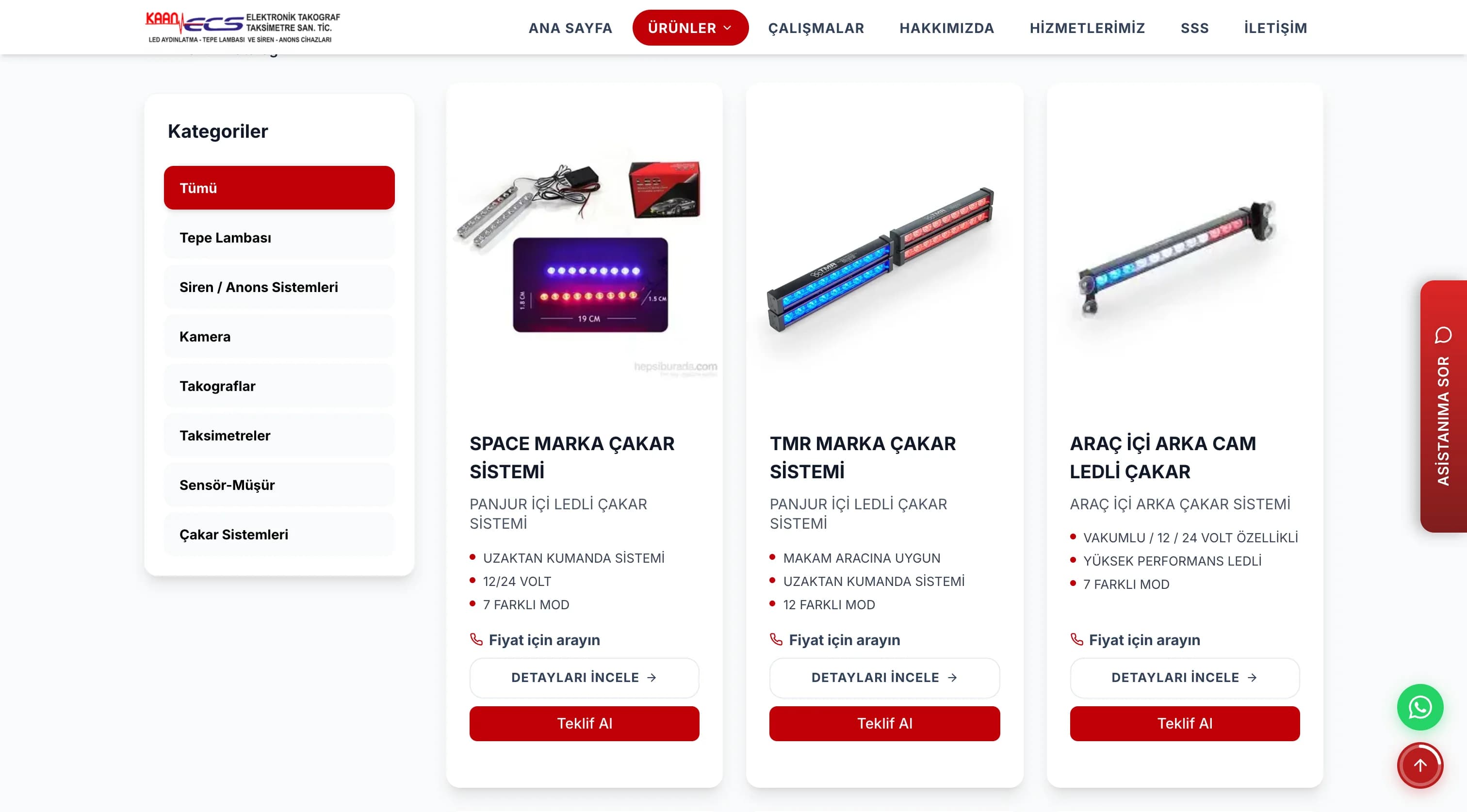 Product catalog — category filtering for beacon lights, sirens, cameras, tachographs, and taximeters.