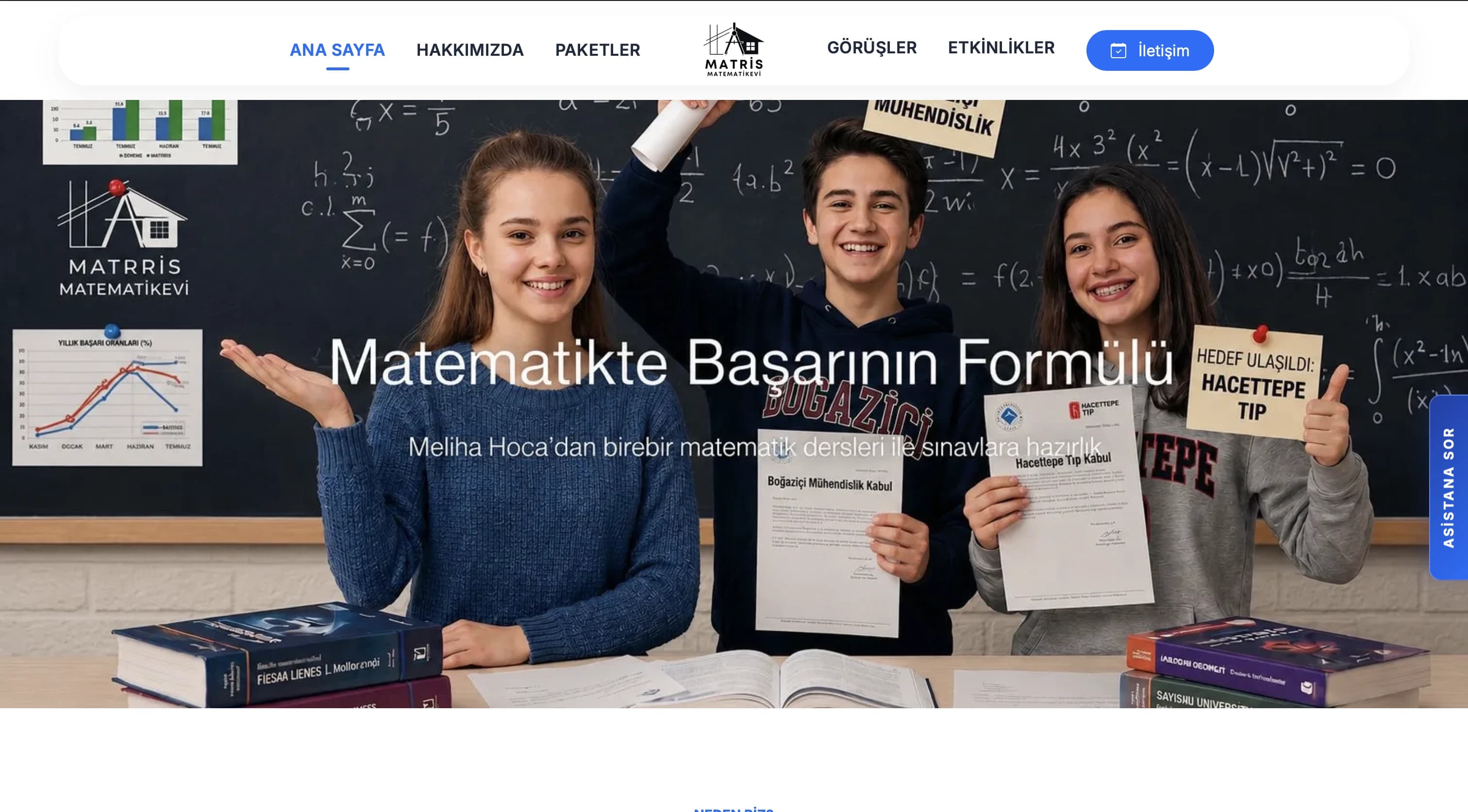 Ana sayfa — öğrenci başarı hikayeleri, üniversite kabulleri (Hacettepe Tıp, Boğaziçi Mühendislik) ve yıllık başarı oranı grafiği.