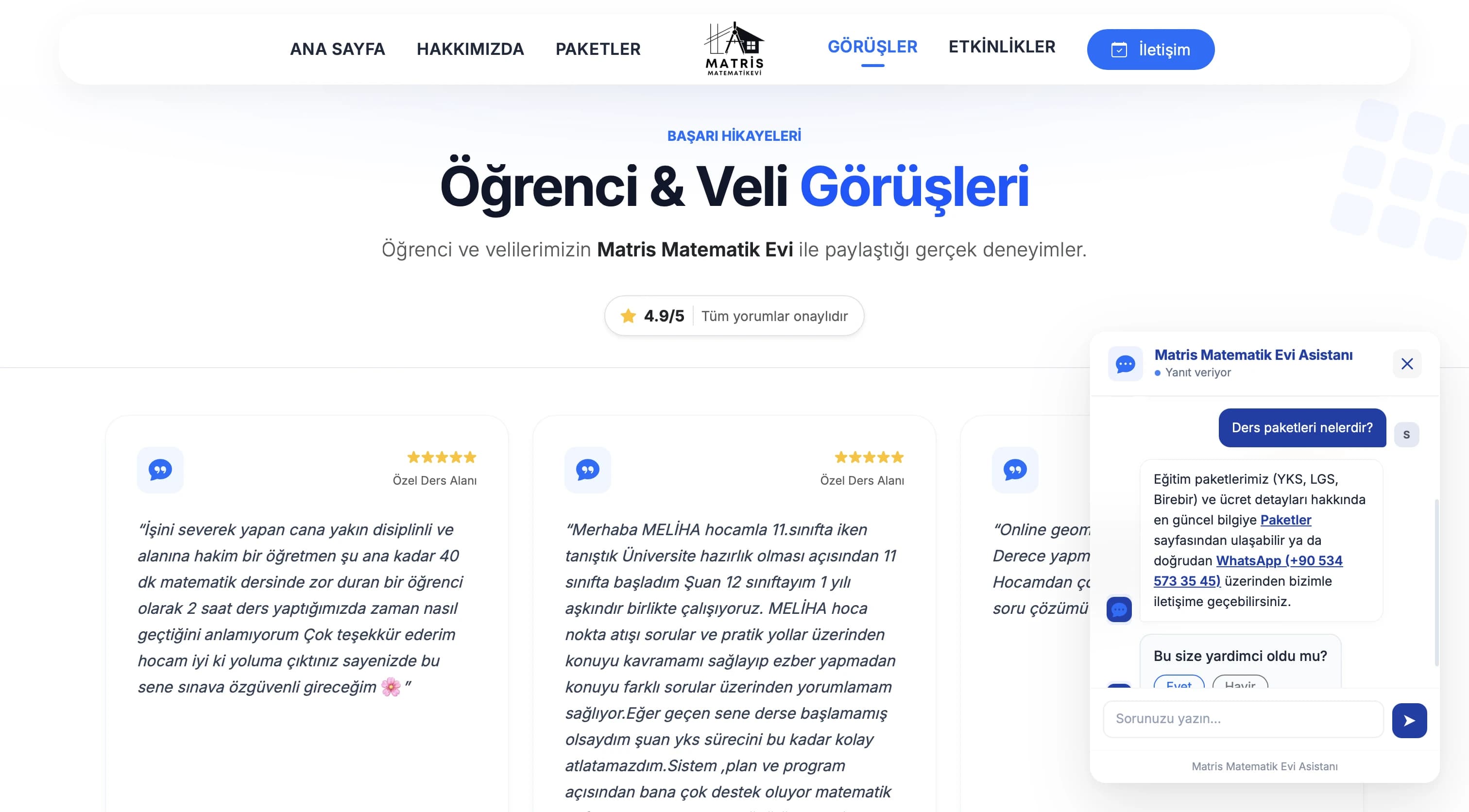 Öğrenci & Veli Görüşleri sayfası — canlı "Matris Matematik Evi Asistanı" chatbot widget'ı ile birlikte.
