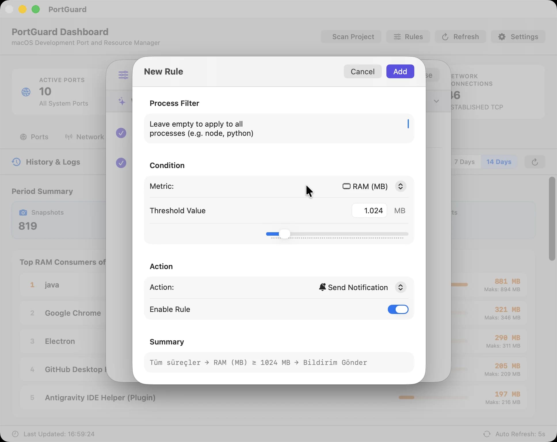 Rule Engine — automatic notification or termination for processes crossing a RAM or CPU threshold.