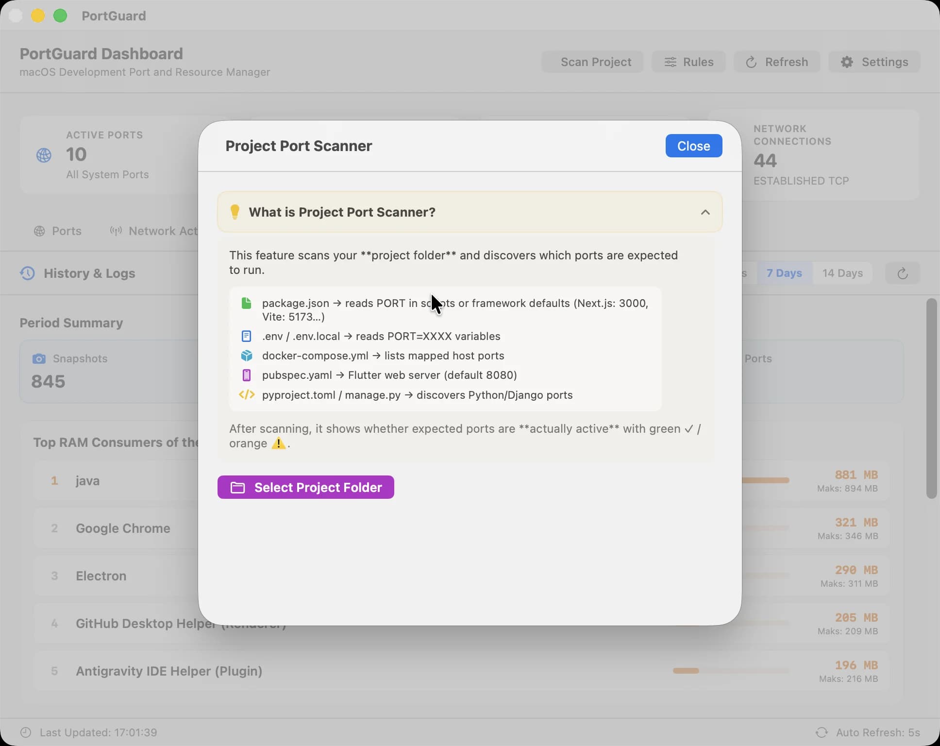 Project Port Scanner — finds expected ports from project files and warns about conflicts in advance.